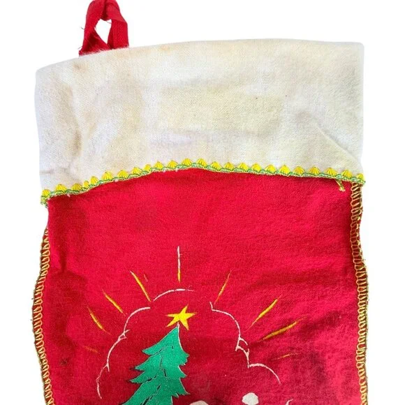 Vintage 1950s Felt Red Christmas Stocking Merry Christmas Santa Claus Felt 17” - Picture 5 of 7